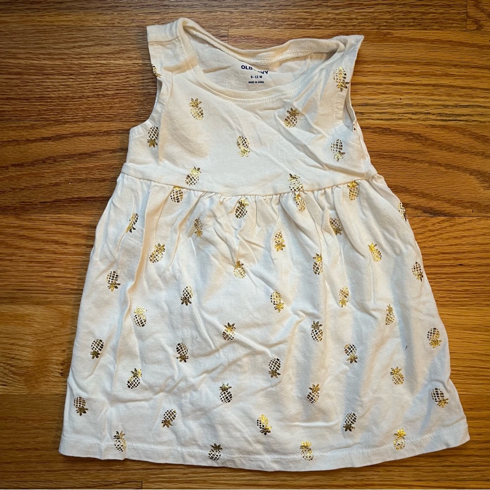 Old Navy white with gold metallic pineapple print tank dress size 6-12 months